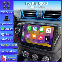 Android 16 Carplay Auto For Kia RIO 3 2011 2012 - 2016  Multimedia Car Radio 2K Screen Player Video WIFI+4G DSP Stereo Wireless