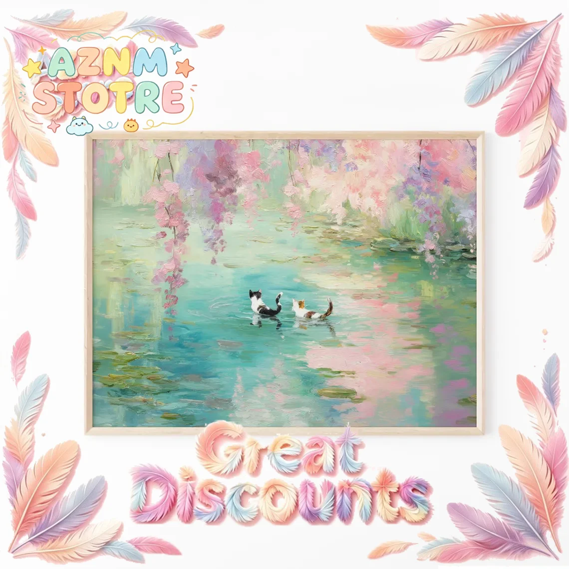 Whimsical Monet Style Cats Wall Print Decor - Dreamy Impressionist Painting of Two Cats Wading in a Water Lily Pond Inspire