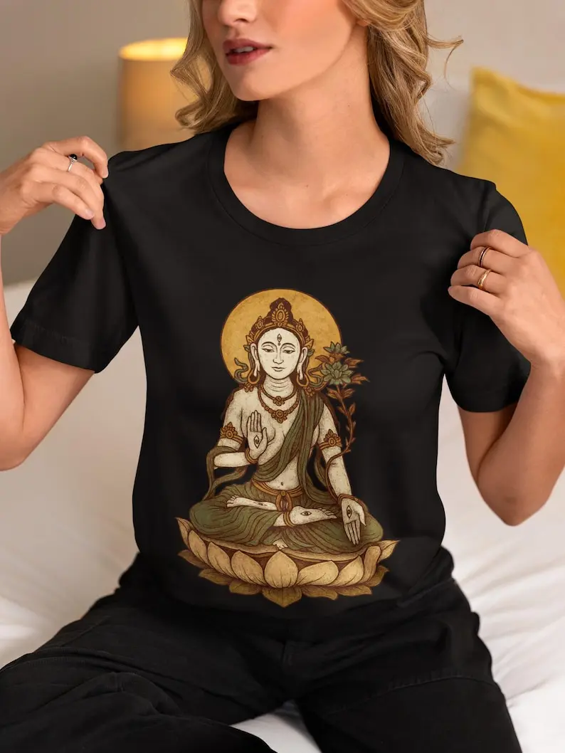 Chemise White Tara : T-shirt du bouddhisme tibétain |   T-shirt Déesse de la Compassion |   T-shirt de yoga spirituel