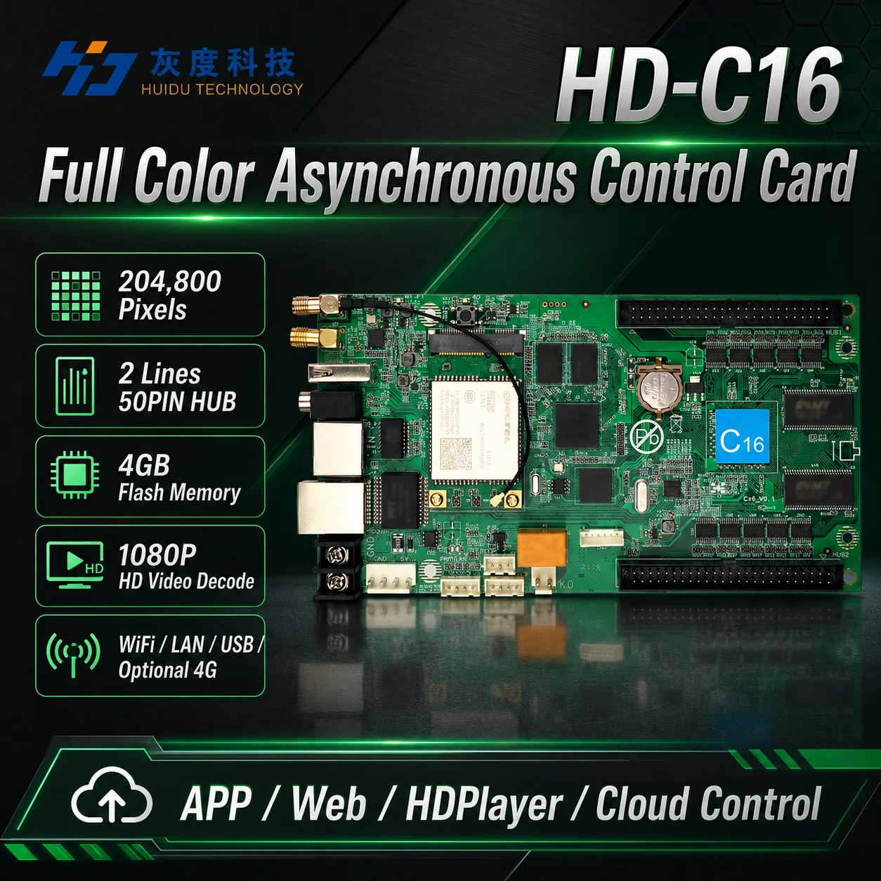Huidu HD-C16 Full Color LED Controller Card WiFi APP Web Cloud Control for Advertising LED Display