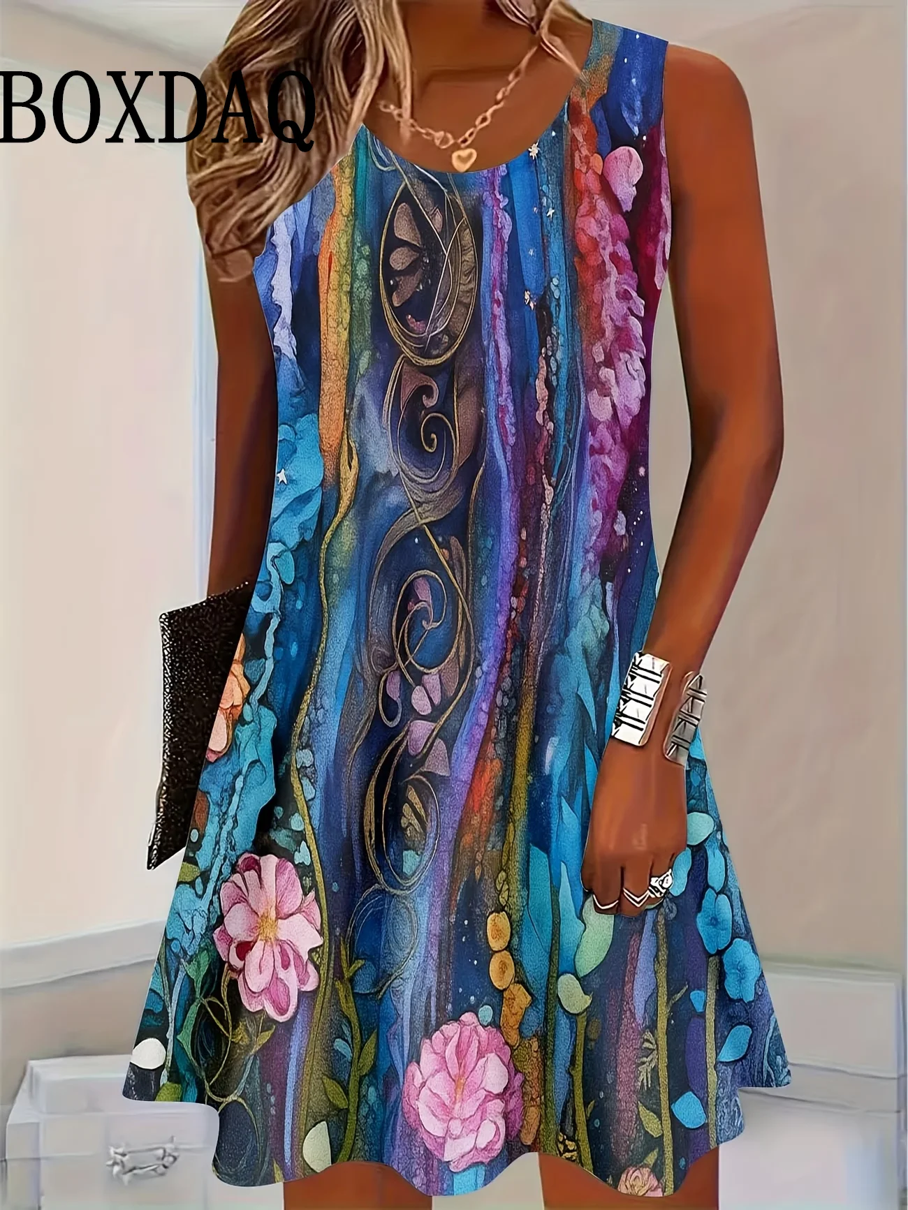 Damen O-Ausschnitt Ärmelloses Strandkleid Übergröße Elegantes Batik-Print Lässiges A-Linien-Kleid Sommerkleid Lockere Kleidung Vestidos De Mujer