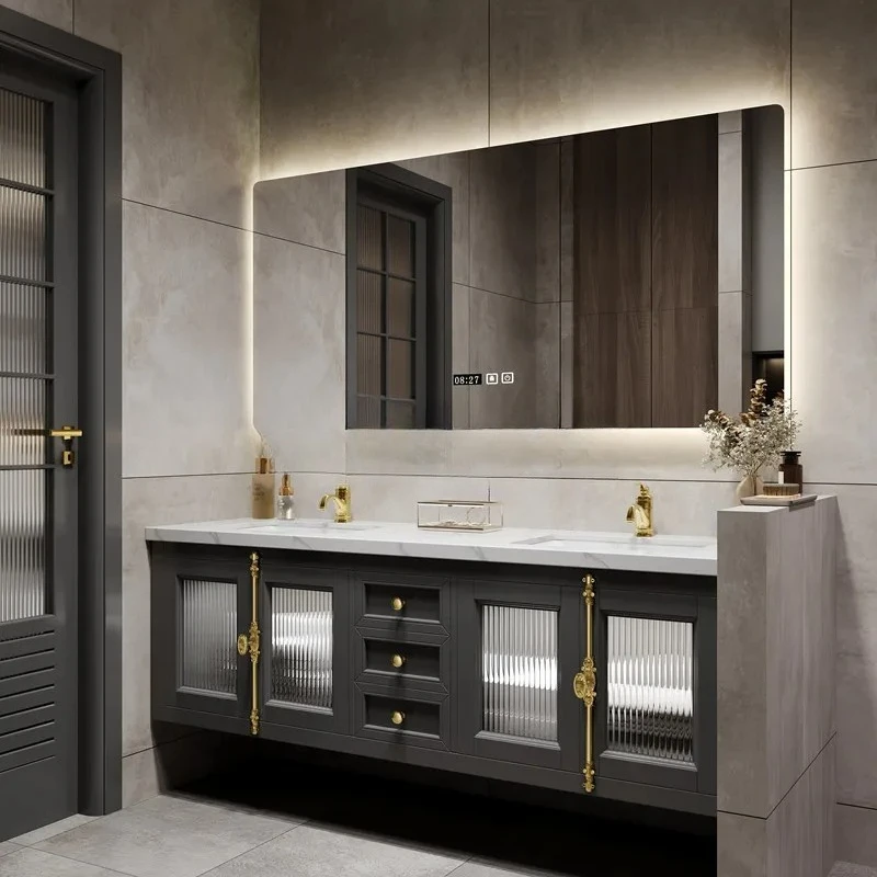

Stone Plate Bathroom Cabinet Combination Simple Modern French Oak Washbasin Bathroom Double Basin Smart Mirror Waterproof