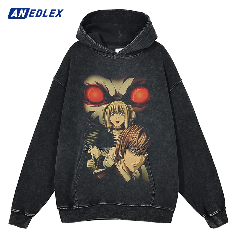 

Hip Hop Men Washed Hoodie Sweatshirt Anime Death manga Note Graphic Hooded Pullover Harajuku Streetwear Cotton Vintage Hoodie