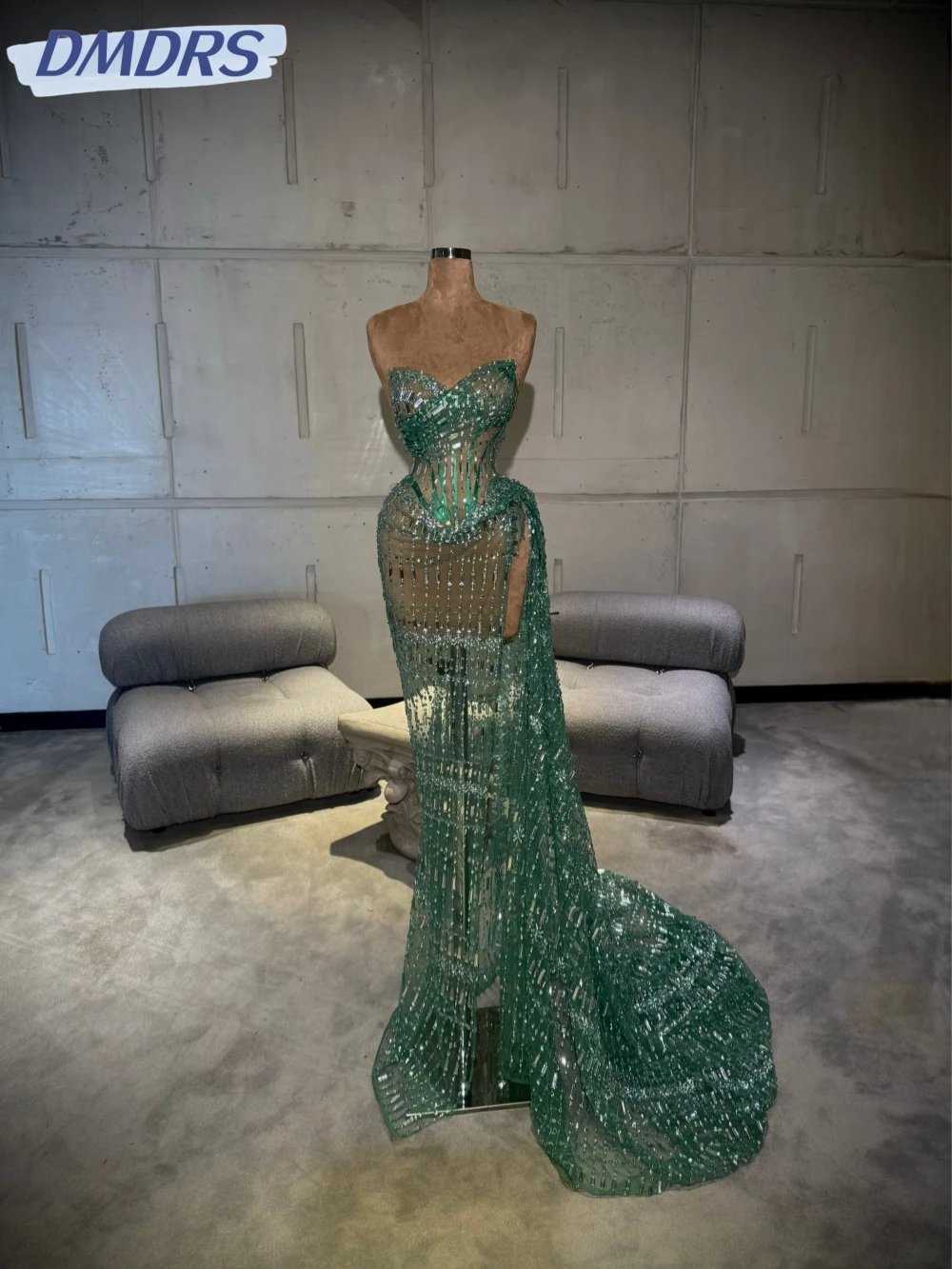 

Luxurious Fully Beaded Crystal Evening Dress Illusion High Slit Wedding Party Gown Customized Sweetheart Neck Prom Dresses
