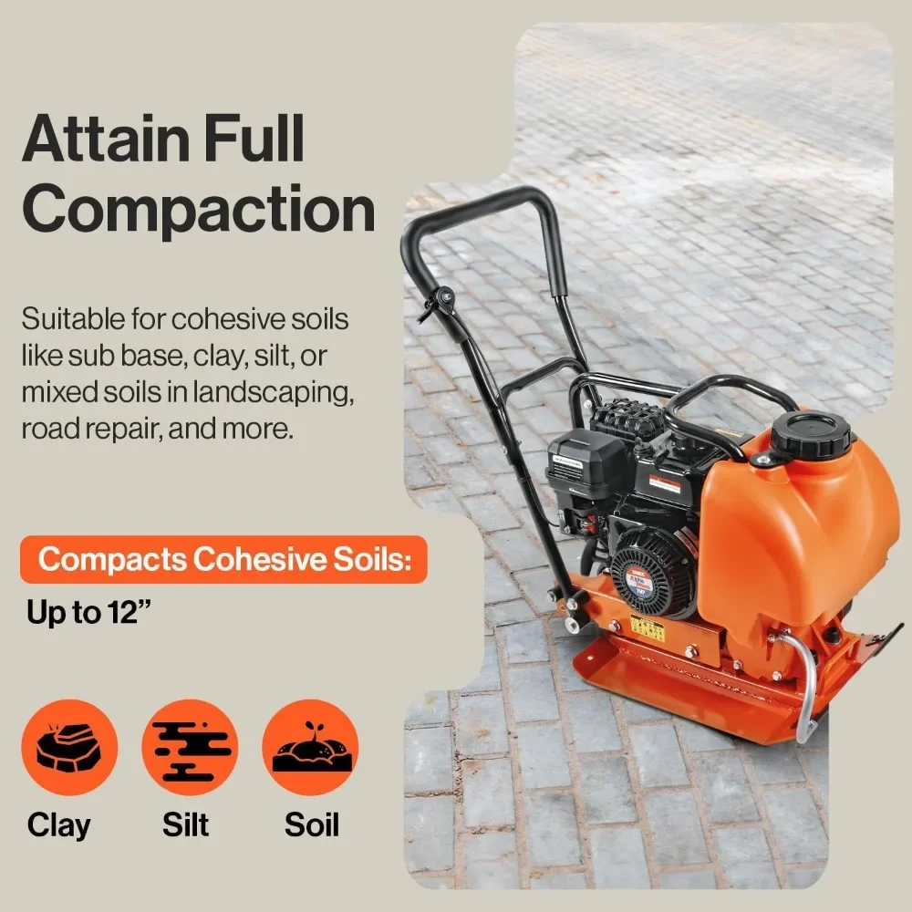 Plate Compactor with Water Tank - Enhanced for Dirt & Asphalt, 7HP 4-Stroke Engine, 5500VPM, 4200lbs Impact, 20x15 Inch Base