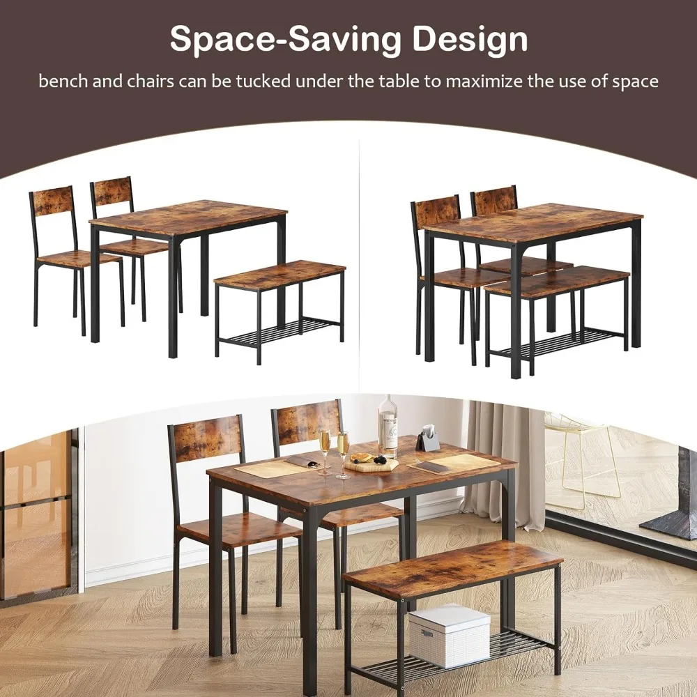 4 Person Dining Table Set, 43.3inch Kitchen Table Set for 4,Dining Room 2 Chairs with Backrest, 2-Person Bench with Storage Rack