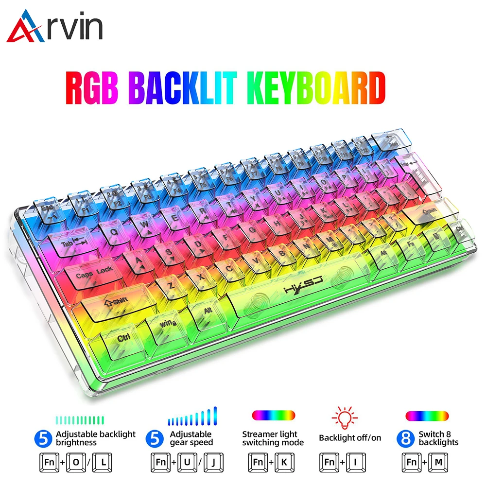 

Arvin RGB Keyboard Gamer Keyboard Full Transparent Wired 61 Keys Keyboard Backlight USB Keyboard for Laptop Desktop Computer