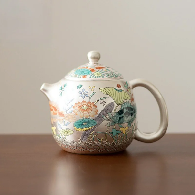 Fish and Algae Pattern Silver-Plated Master Ceramic Antique Chinese Style Cylinder Household Cup Kung Fu Set Tea