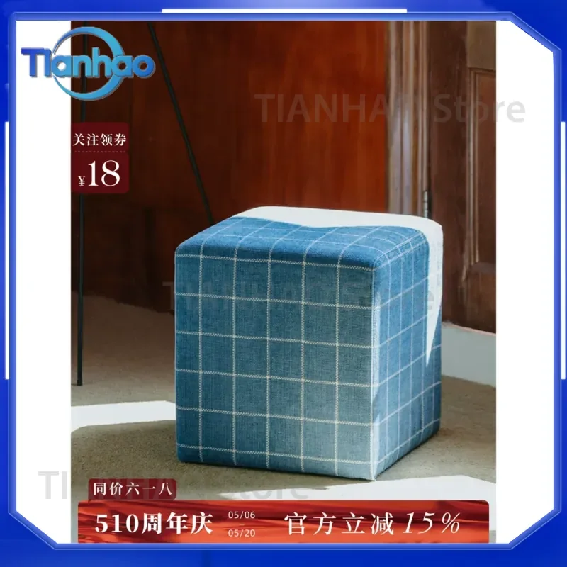 Blue Lattice Square Pier Stool for Medieval Living Room Pop Retro Family Romance Shoe Changing Dressing Stool