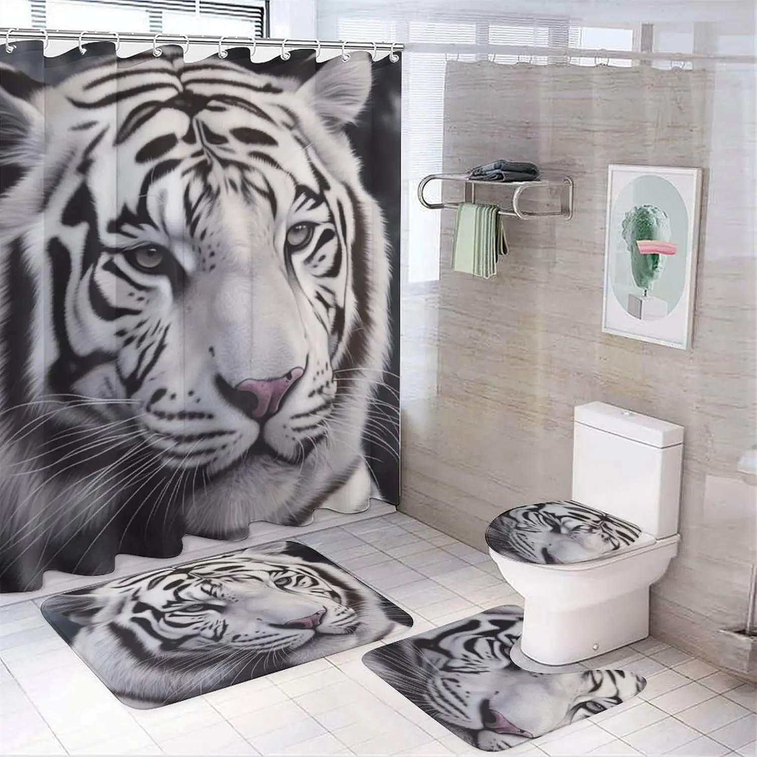 

Набор для ванной комнаты, Набор для ванной комнаты с принтом белого тигра, Набор из 4 предметов для ванной комнаты, Набор для ванной комнаты с занавеской для душа и ковром