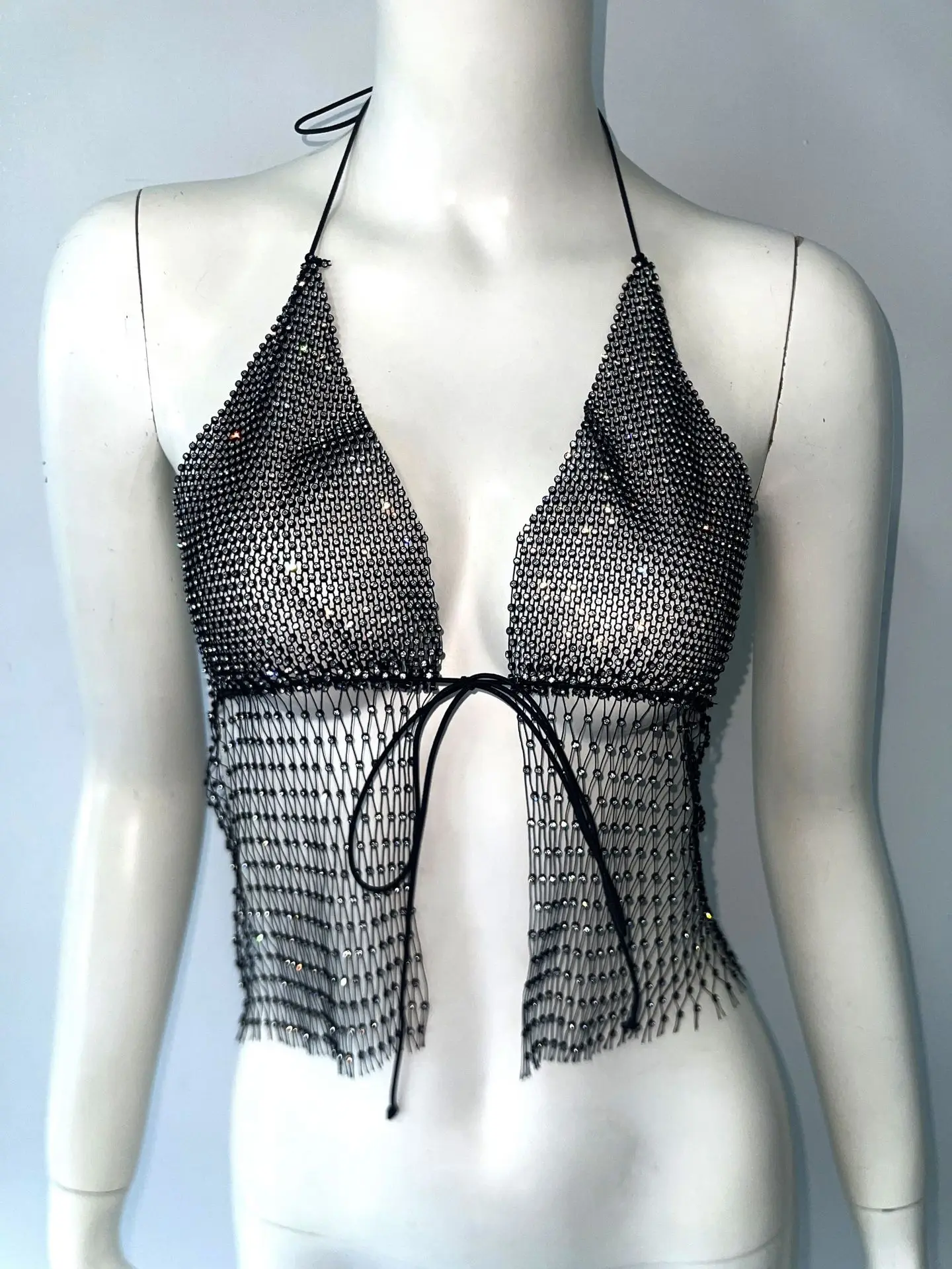 

Sexy Strap Women's Vest Cross-Border Me Diamond Fiing Net Belted Top Splice Trendy ort Length A-Line Narrow Strap