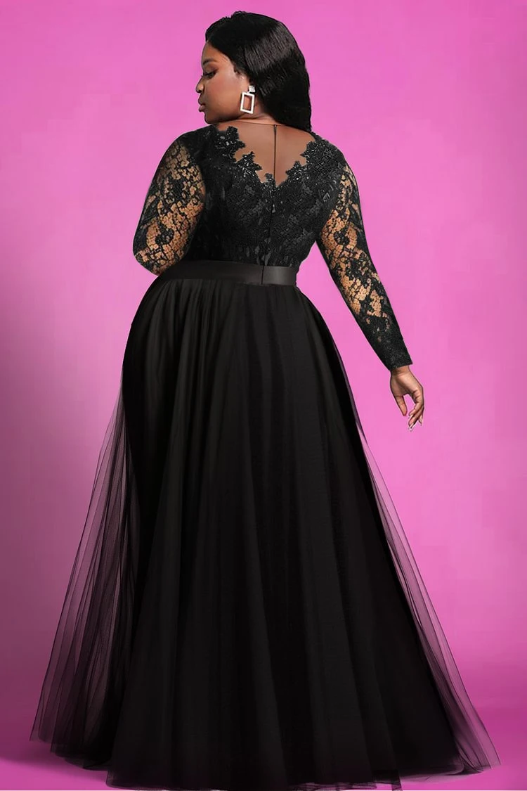 Женское платье больших размеров, кружевное прозрачное сетчатое платье с разрезом по подолу, высокая талия, элегантное вечернее платье макси с длинным рукавом и v-образным вырезом для гостей