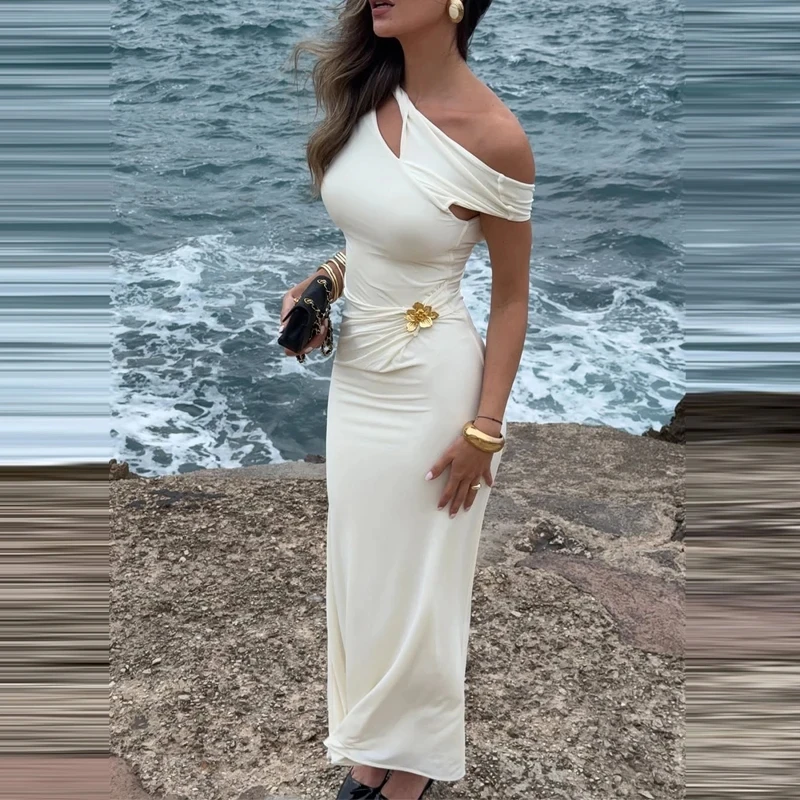 

Elegant Lady Beach Vacation Dress Temperament Slash Collar Hollow Out Bodycon Dress Fashion Solid Color Shawl Sleeve Party Dress