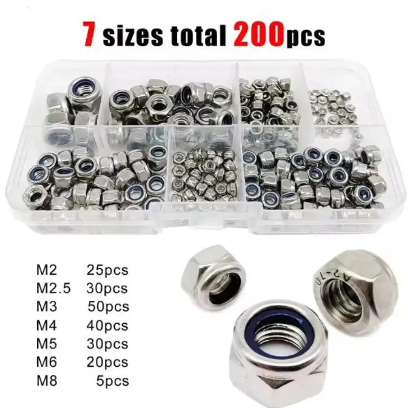NEW 200pcs Hex Nylon Insert Self Lock Nut Nylock Locknut Assortment Kit Set M2 M2.5 M3 M4 M5 M6 M8 304 A2-70 Stainless Steel