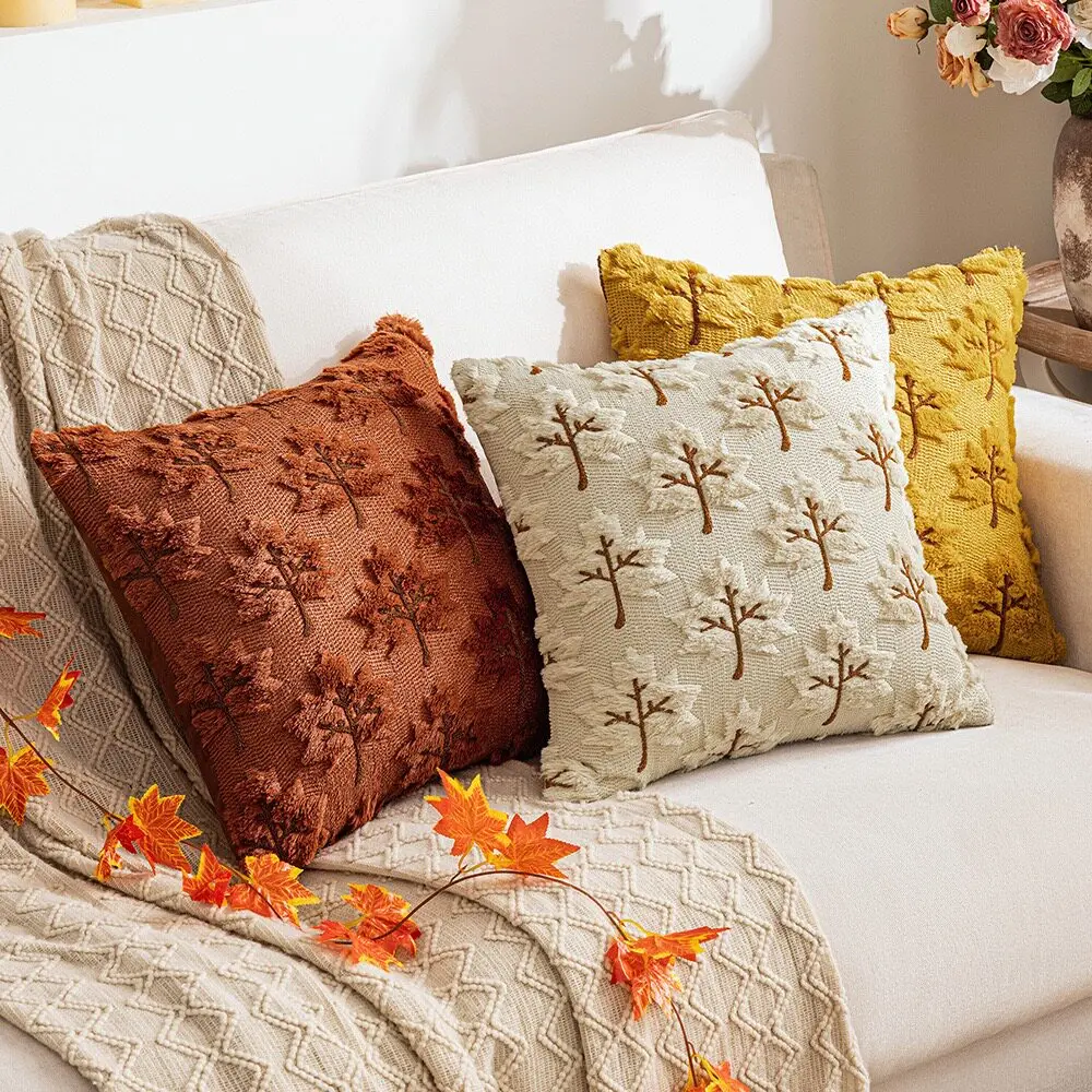 Soft Perfect Gift Autumn Maple Leaf Embroidery Plush Throw Pillow Cushion for Sofa Living Room Home Decor