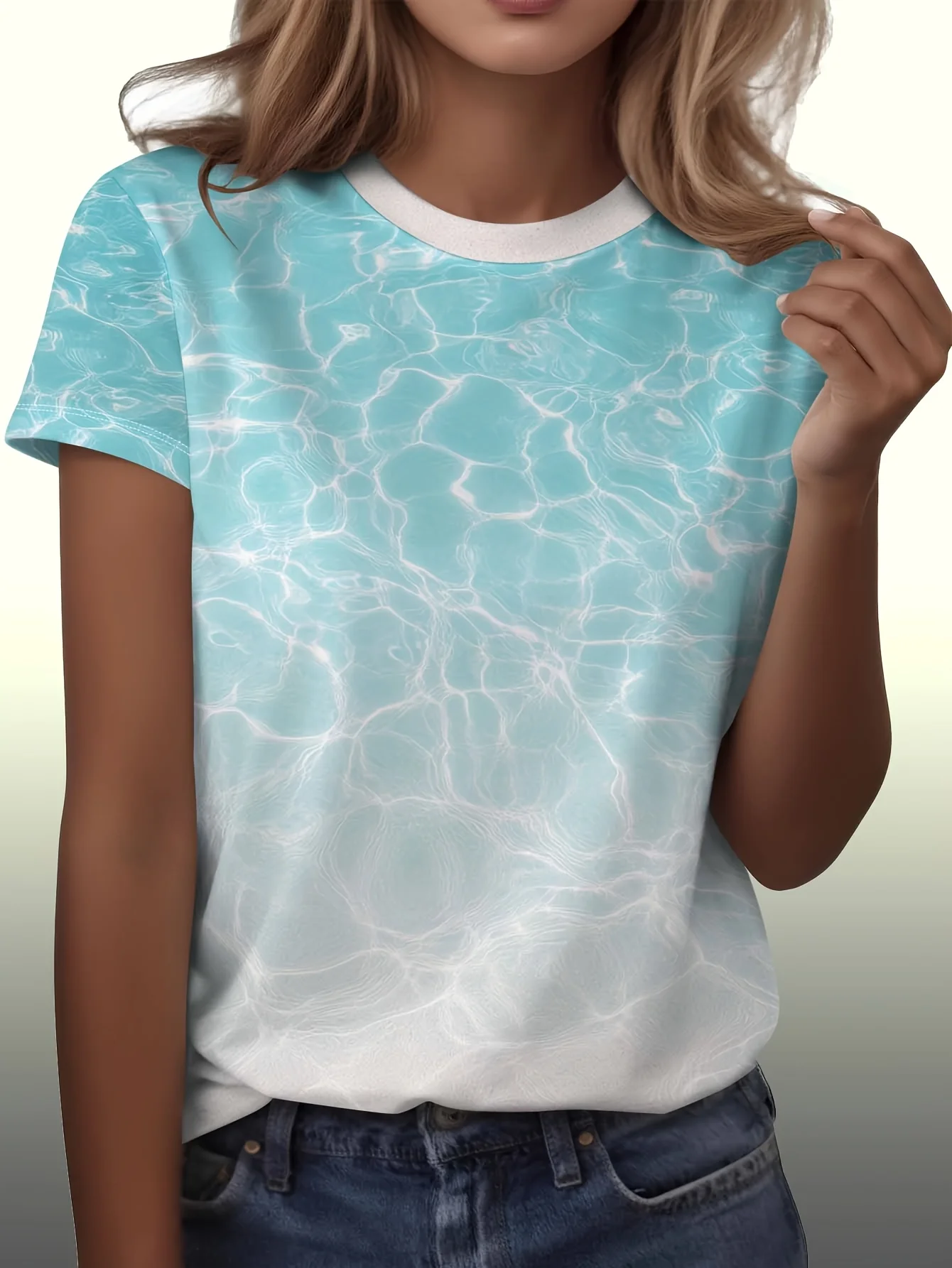 Women T‑Shirt Ocean Water Ripple Texture Print Fashionable Crew Neck Short Sleeve Streetwear Daily Casual Tee Top Womens Clothes