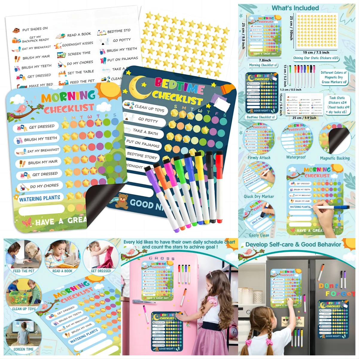 Morning Bedtime Routine Chart Poster Magnetic Sticker for Kids Toddlers Daily Visual Schedule Routine Checklist Reward Chart