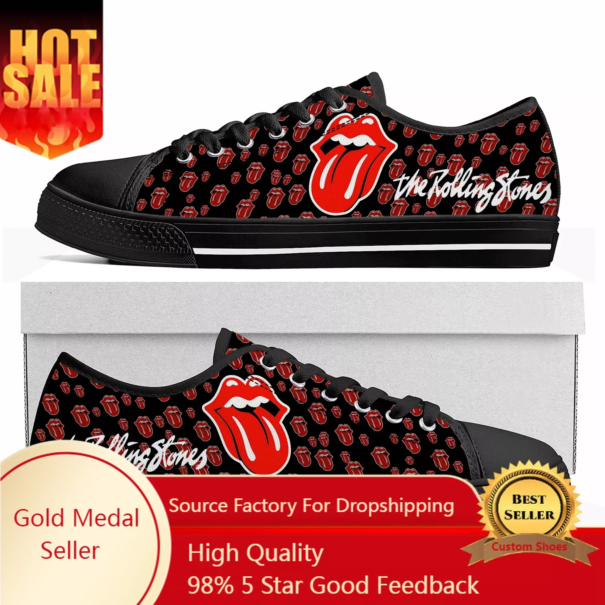 Rock Band The Roll Stone Low Top Sneakers Mens Womens Teenager High Quality Canvas Sneaker Couple Shoes Custom Black Shoe