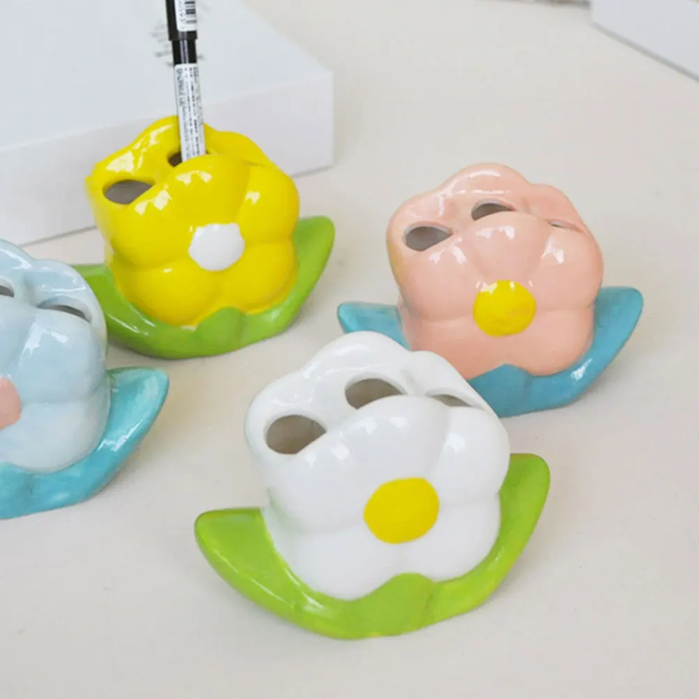 

Countertop Toothbrush Holder Ceramic Flower Shape Bathroom Organizer Compact Design Easy Clean Tidy Counter Toothbrush Holder