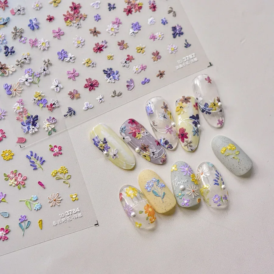 1pcs 5D Embossed Nail Stickers Colored Flowers Nail Art Stickers Spring Wildflowers Self Adhesive Transfer Manicure Decor Decals