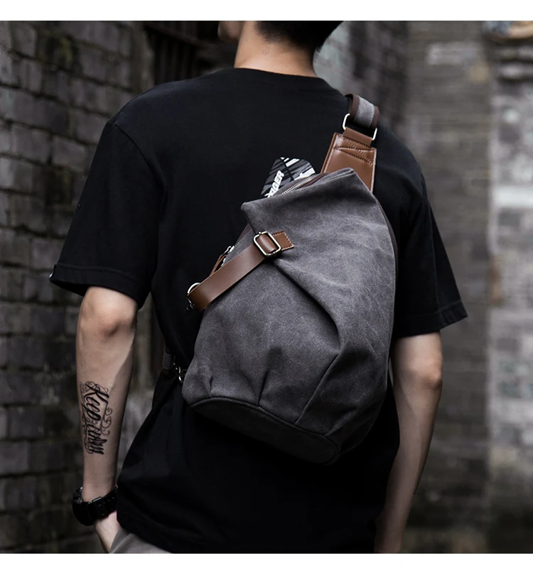 MTE ELAN Large Capacity Retro Canvas Sling Bag Man Leather Chest Bag Casual Travel Leisure Male Olive Green Shoulder Backpack