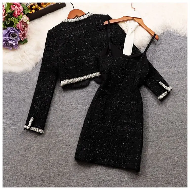 Women Tweed Jacquard Y2K Suit Jacket Coat Top And Dress Two Piece Set Elegant Chic Party Outfit Winter Fragrant Clothes 2023