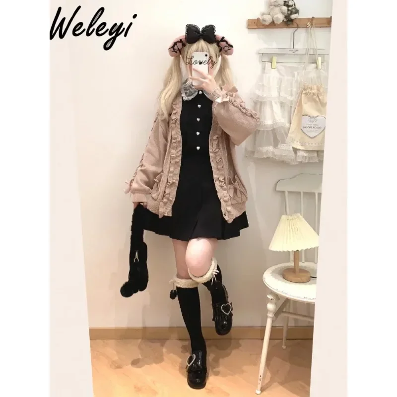 Lolita Cute SC Rabbit Embroidered Wood Ear Knitted Cardigans Sweet Fried Dough Twists Love Strap Mid-length Sweater Cardigan