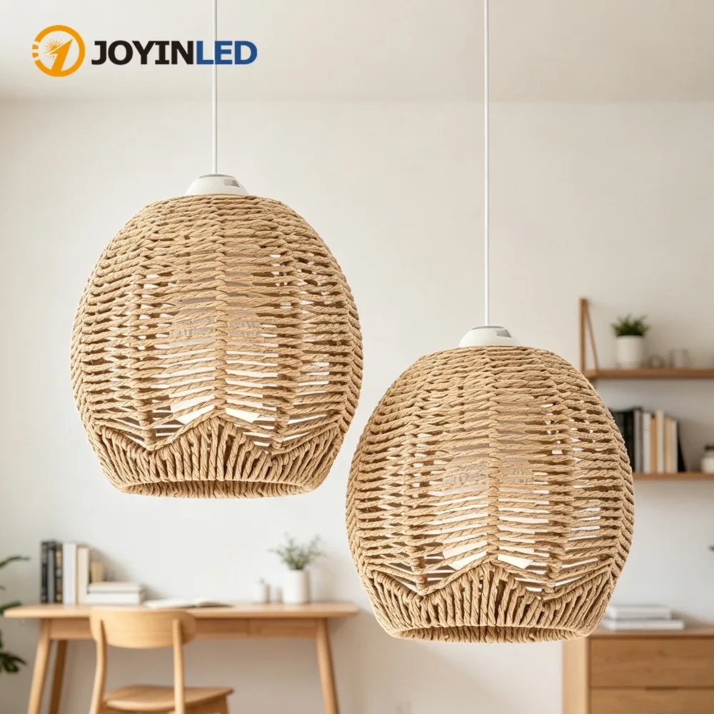 JOYINLED Boho Rattan Pendant Lamp E27 Wicker Chandelier Woven Hanging Lamp Shade 15CM for Home Restaurant Cafe Shop Decoration