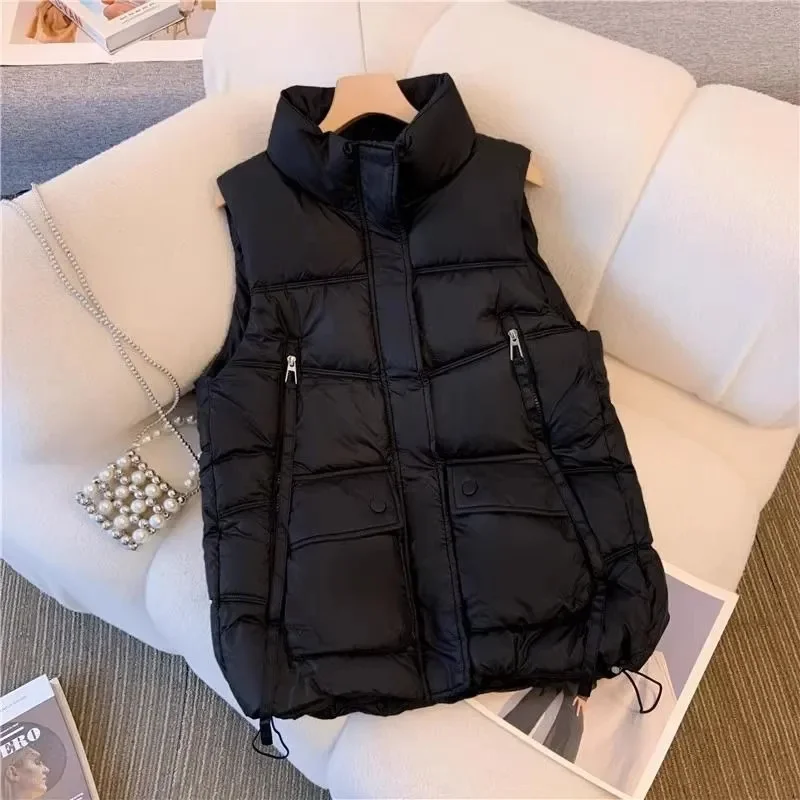 2024 New Women\'s Down Cotton Vest Korean Outerwear Cotton-padded Coat Winter Wear Sleeveless Stand Collar Puffer Jacket Outwear