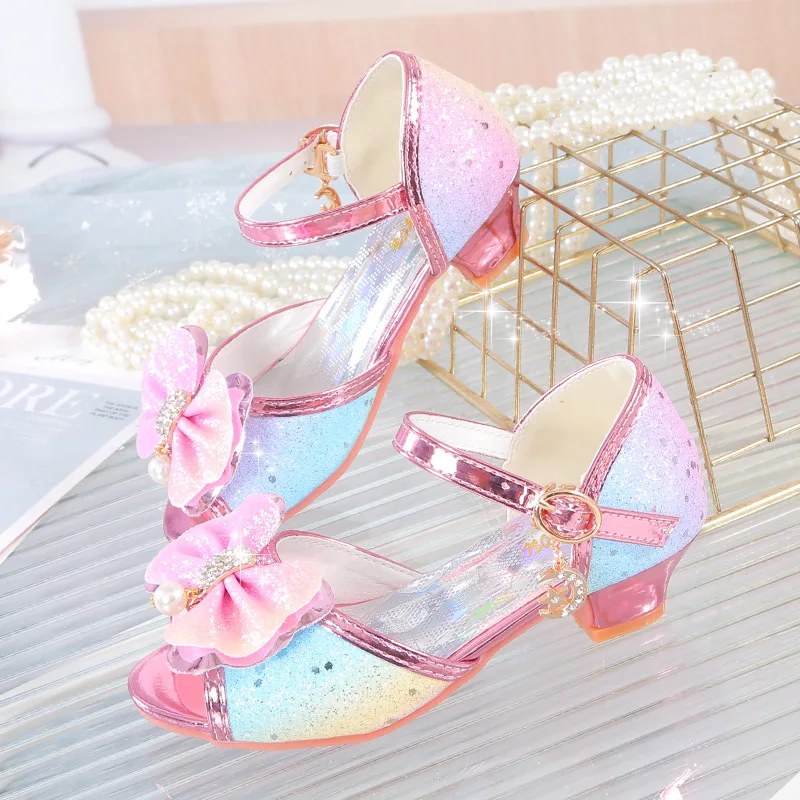 

2024 Summer New Girl Princess Shoes Fashion Colorful Open Toe Fish Mouth Girl Sandals Crystal Children's High Heels