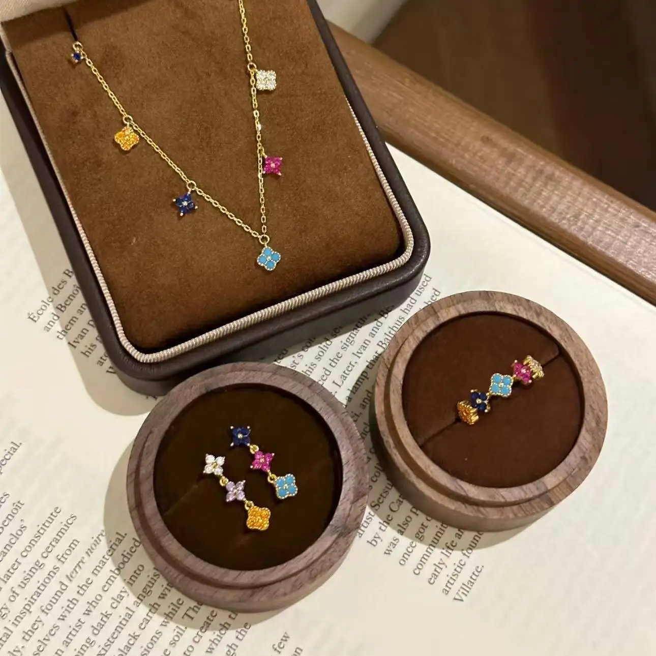 Rainbow Four-leaf Clover Enamel Ring - Women's Necklace And Earrings Set - Dopamine-colored Ring - Compact And Exquisite Design