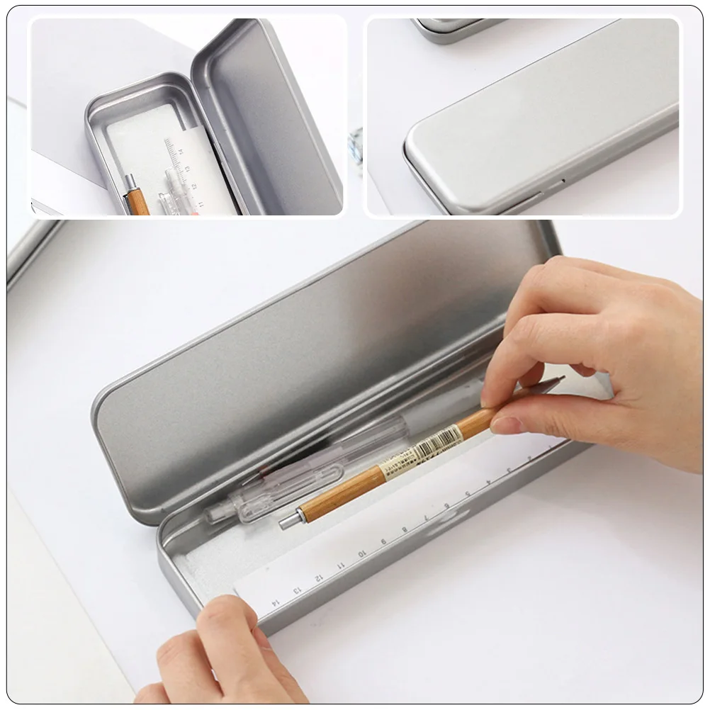 

2pcs Stationery Box Tinplate Pen Holder Pencil Case Slim Large Student Desk Wear Resistant Multi Function School Supplies