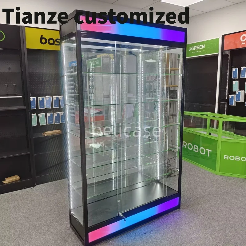 Customized-smoke shop glass showcase with color light retail boutique store display cabinet shop display furni