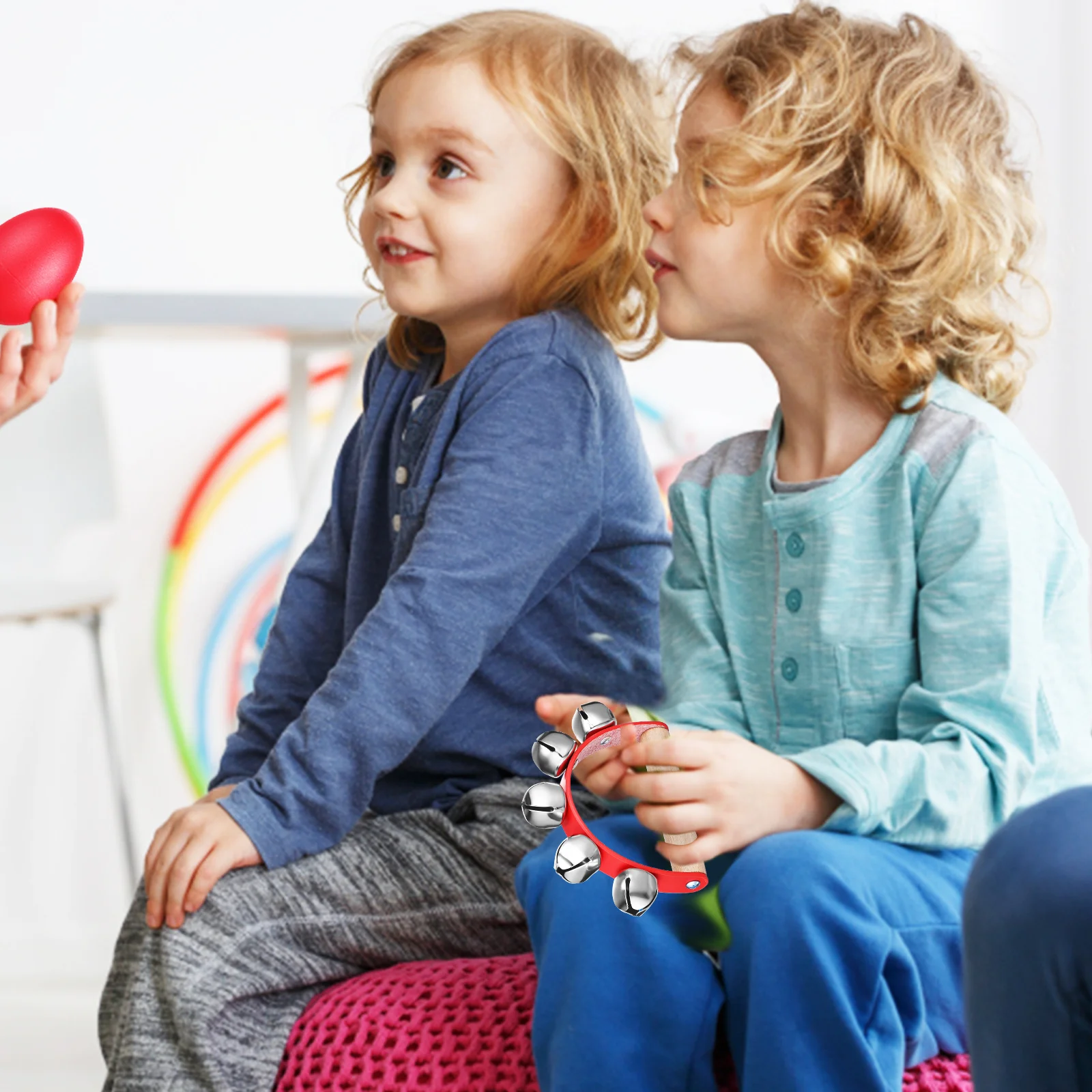 8-teilige und eine Glocke, Rassel, Halbmondförmige Fünf-Ling-Hand-Jingle-Glocken, Hufeisen-Holzschüttler, Metall, Kind