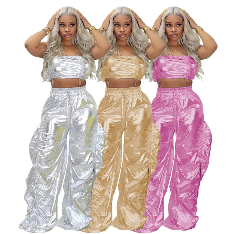 Gold Sliver Metallic Birthday Outfits for Women Two Peice Sets Club Party Crop Top and Pants Streetwear Hip Hop Festival Outfit