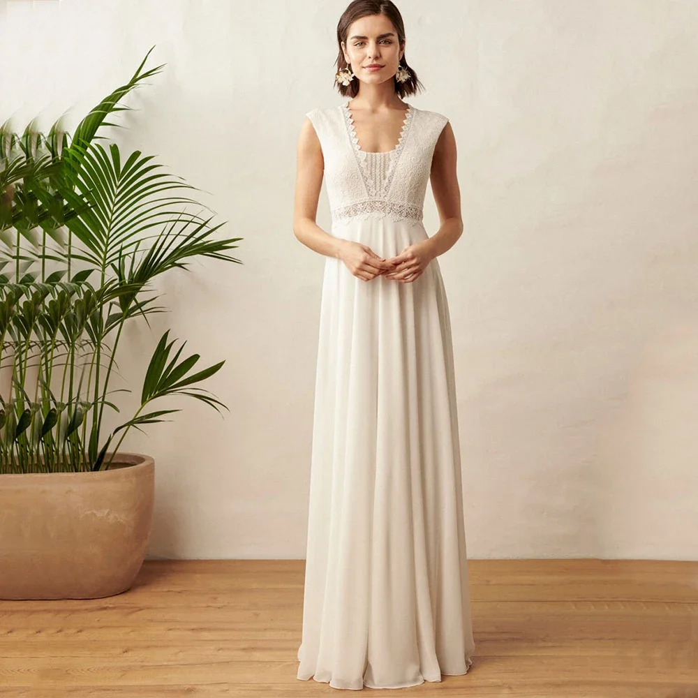 Modern Boho Sleeveless Wedding Dress Chiffon Lace V-Neck A-Line Floor Length Bridal Gowns Bohemia Romantic Custom Dresses