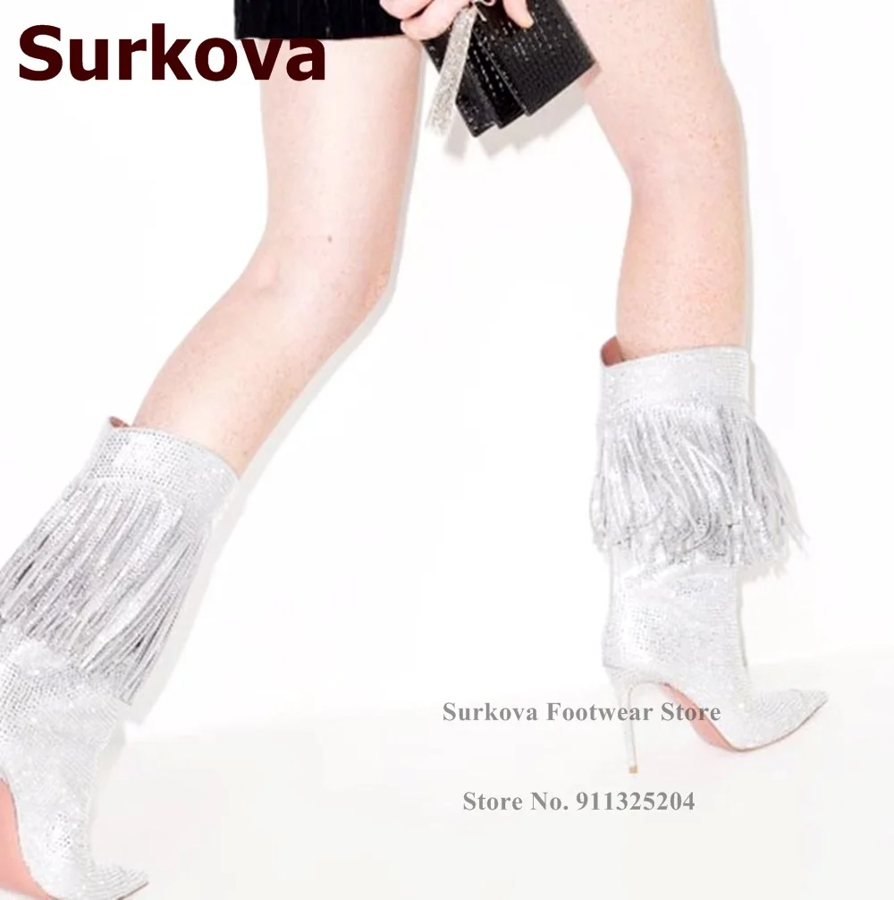 Surkova Silver Full Crystal Stiletto Heel Fringe Mid-calf Boots Pointed Toe Bling Bling Rhinestone Tassel Dress Shoes Sparkly