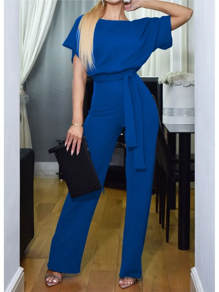 Jumpsuit Women Spring Summer New Solid Color Short Sleeves High Waist Leace-up Jumpsuits Fashion Elegant Chic Feminino Playsuits