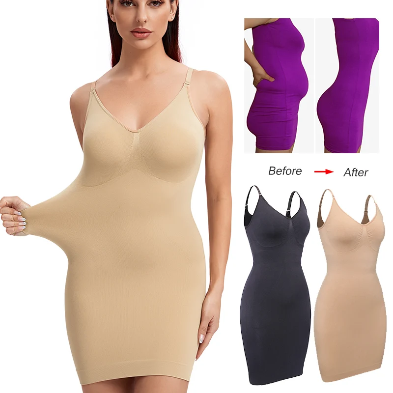 Women Full Body Shapewear Camisole Slips V Neck Slimming Shaper Waist Trainer Corset Tummy Control Slip for Under Dresses