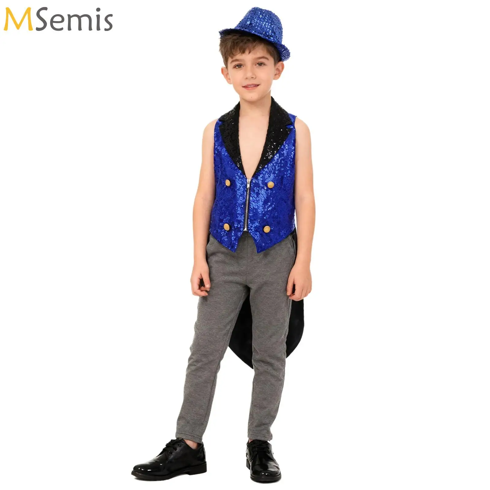

Boys Girls Circus Magician Wizard Cosplay Costume Sequins Medieval Victorian Tailcoat Hat Halloween Theme Party Role Play Outfit