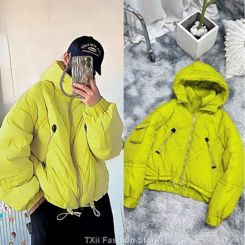 

TXii 2023 Winter Women Zipper Candy Color Puffer Jacket Female Loose Warm Short Hooded Parkas Long Sleeve Pocket Down Coat