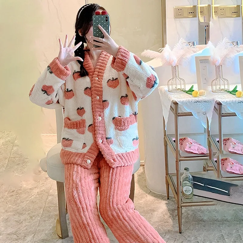 2Pcs/set women\'s coral velvet pajamas small fragrant wind autumn and winter padded and thickened warm peach-coloured student hom