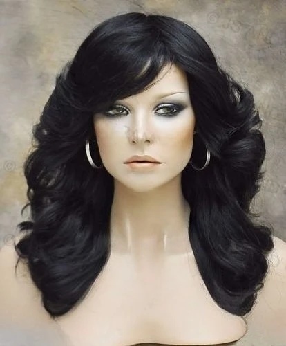 

Feathered Farrah Hair Do Off Black open curls layered Bangs Hair piece NWT 1B