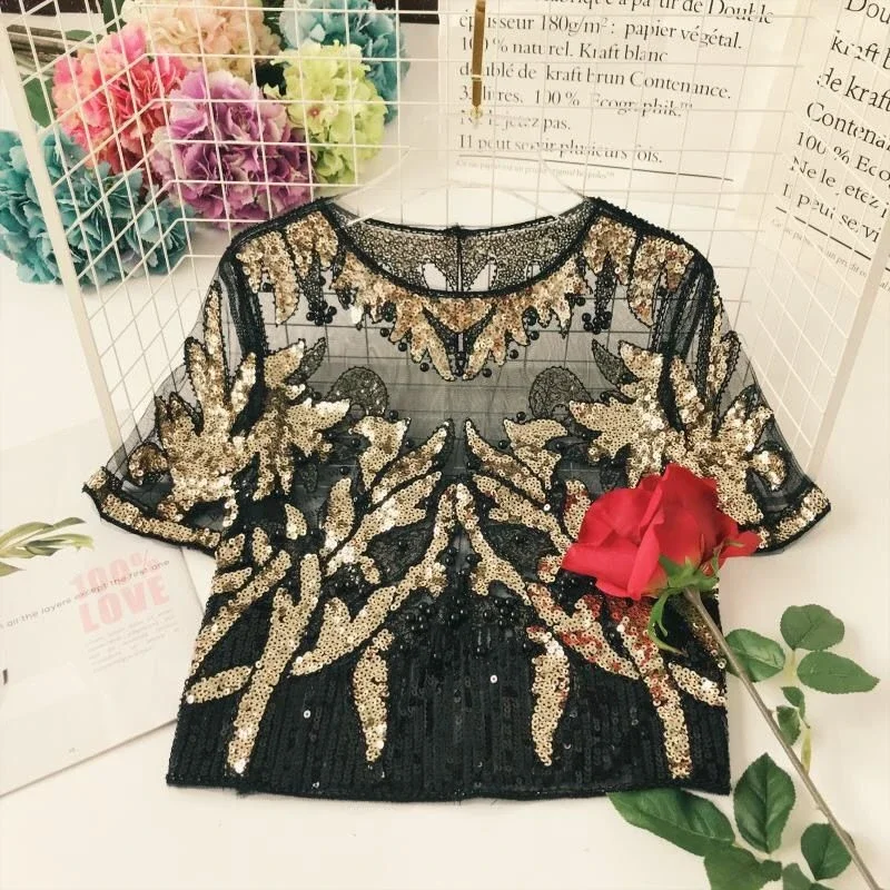 2023 Summer New Female Vintage Elegant Beading Sequins Mesh Top Bling Perspective Short Sleeve T Shirt Women Fashion Tee