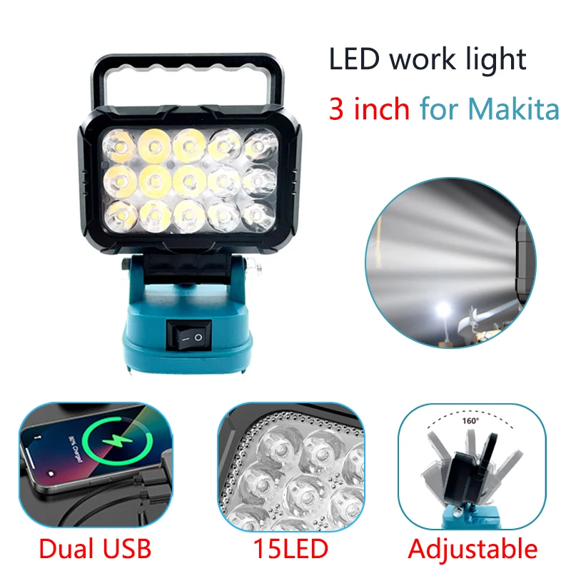 

Светодиодный рабочий свет, двойной USB-прожектор сильного света для батареи Makita 14,4 В, 18 В, на батарейках, аварийное освещение для наружного кемпинга
