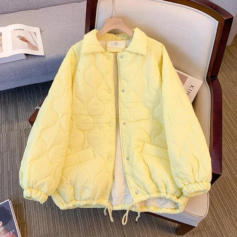 Women Lapel Wave Quilted Jacket Fleece Lined Loose Warm Winter Cotton Coat