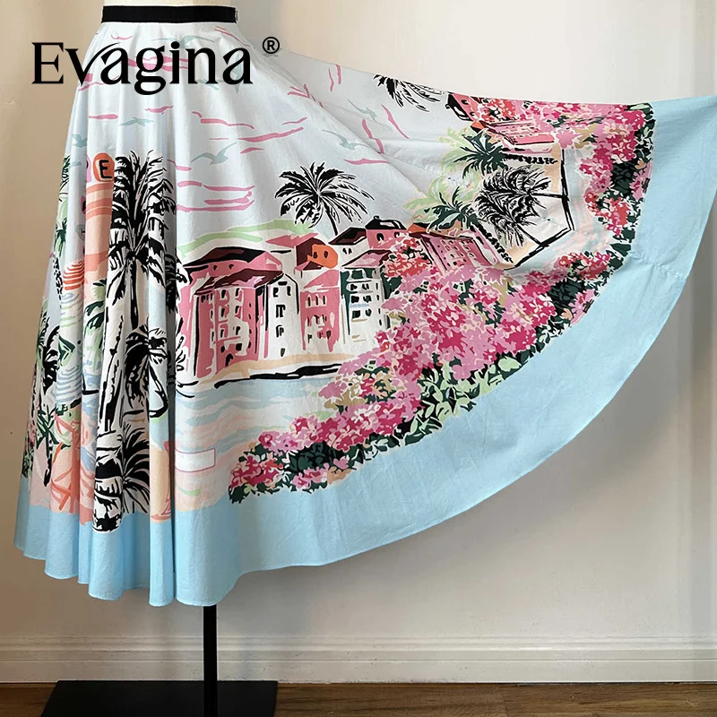 

Evagina 2025 spring and summer Ocean Beach Coconut Tree Print vacation Travel Blue Poplin Cotton High waisted skirt