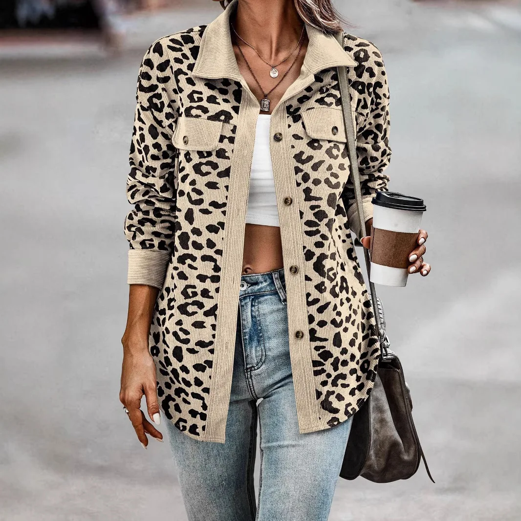 

New Fashion American European Women's Leopard Spliced Casual Trendy Turn-down Collar Long Sleeve Jackets Female Coats Clothes