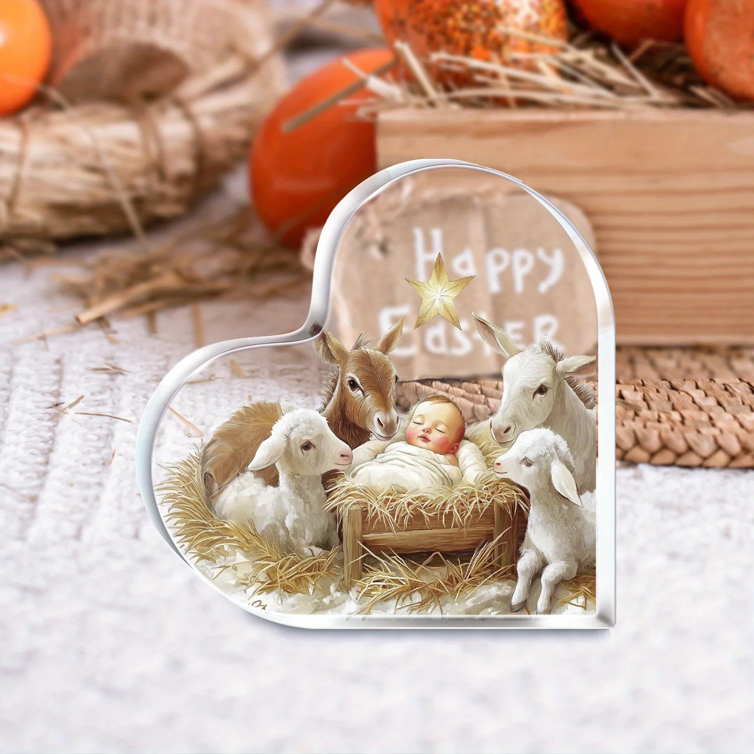 2D， Heart shaped acrylic desktop decoration - Nativity scene, suitable for home, office, room decoration, holiday gifts