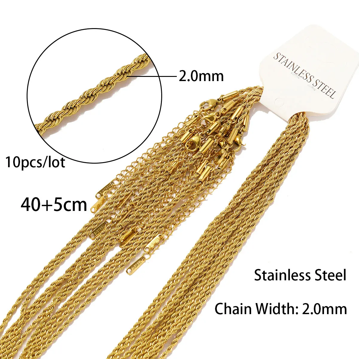 10pcs/Lot 40+5cm 18K Gold Color PVD Plated Stainless Steel Ripple Twisted Chain Never Fade Women Water Wave DIY Necklace